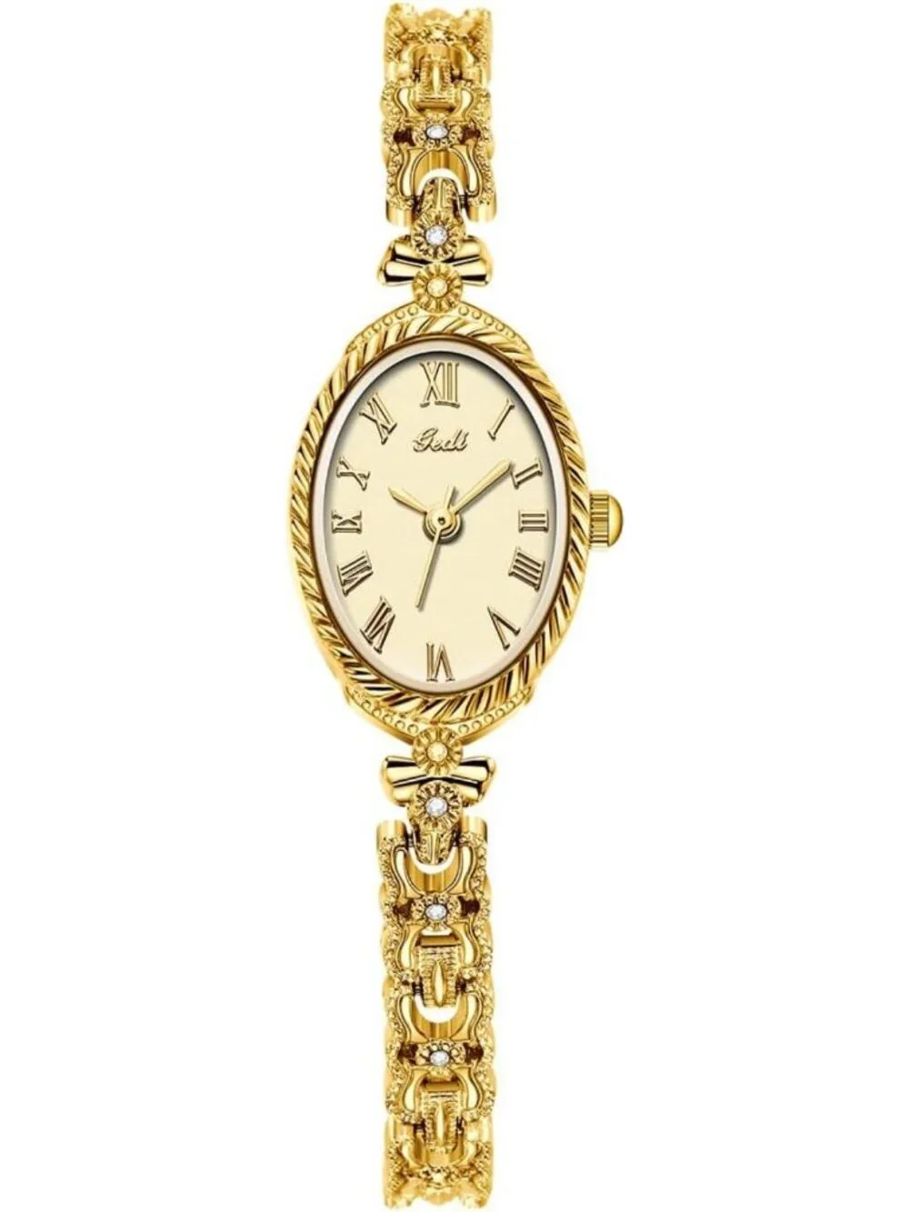 Vintage Gold Oval Quartz Watch for Women - Slim Alloy Bracelet, Roman Numerals